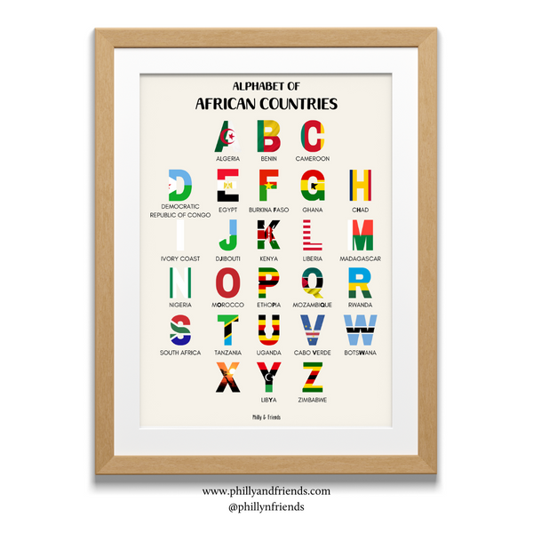 Affiche de l'alphabet des pays africains pour les enfants avec des extraits de drapeau | Décoration de chambre d'enfant éducative et diversifiée.