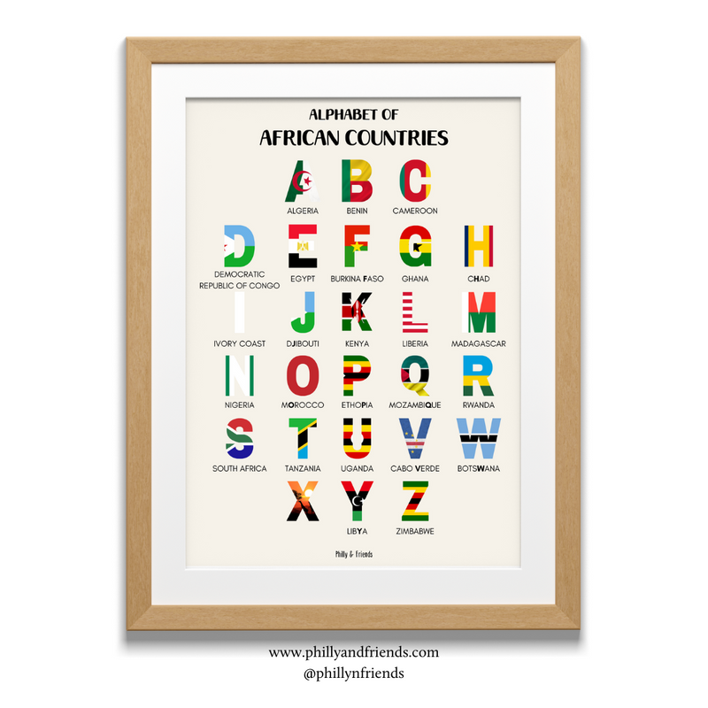 Affiche de l'alphabet des pays africains pour les enfants avec des extraits de drapeau | Décoration de chambre d'enfant éducative et diversifiée.