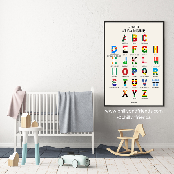 Affiche de l'alphabet des pays africains pour les enfants avec des extraits de drapeau | Décoration de chambre d'enfant éducative et diversifiée.