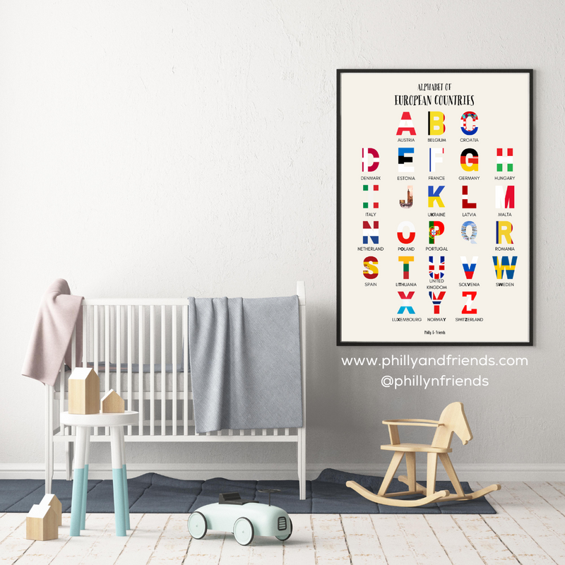 European Countries Alphabet Poster for Kids with Flag Snippets