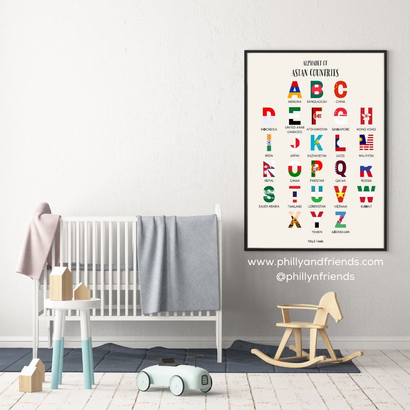 Asian Countries Alphabet Poster for Kids with Flag Snippets