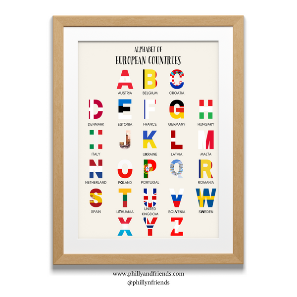 European Countries Alphabet Poster for Kids with Flag Snippets