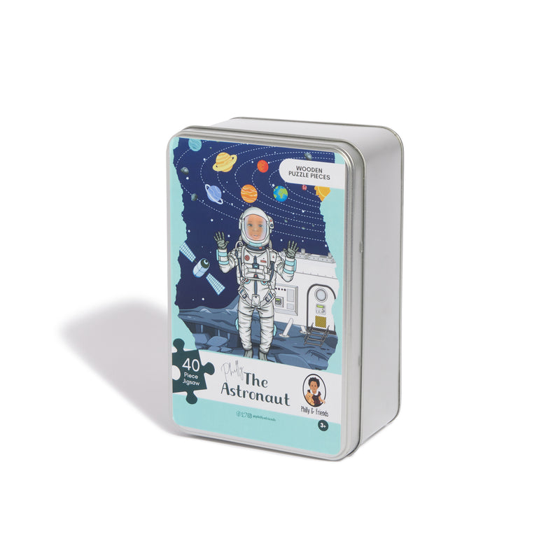 Space-themed Philly Astronaut Wooden Jigsaw Puzzle in a Tin Box (Hand Cut)
